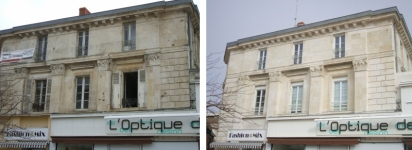 Restauration d'une façade en pierre avec nettoyage, restauration des sculptures des chapiteaux, changement de pierres, reprise des joints